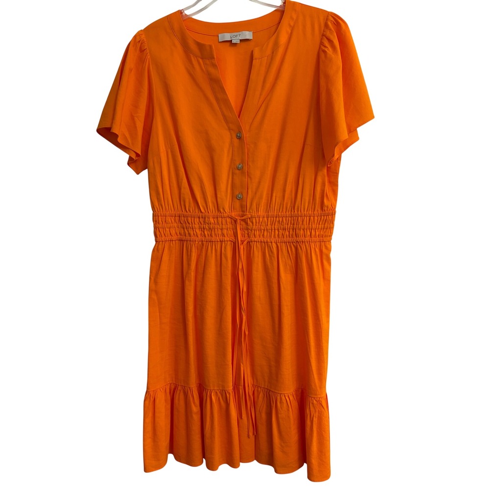 LOFT Mini Dress Medium Orange Summer, Tropical, Boho, Ruffle, Flutter, Casual